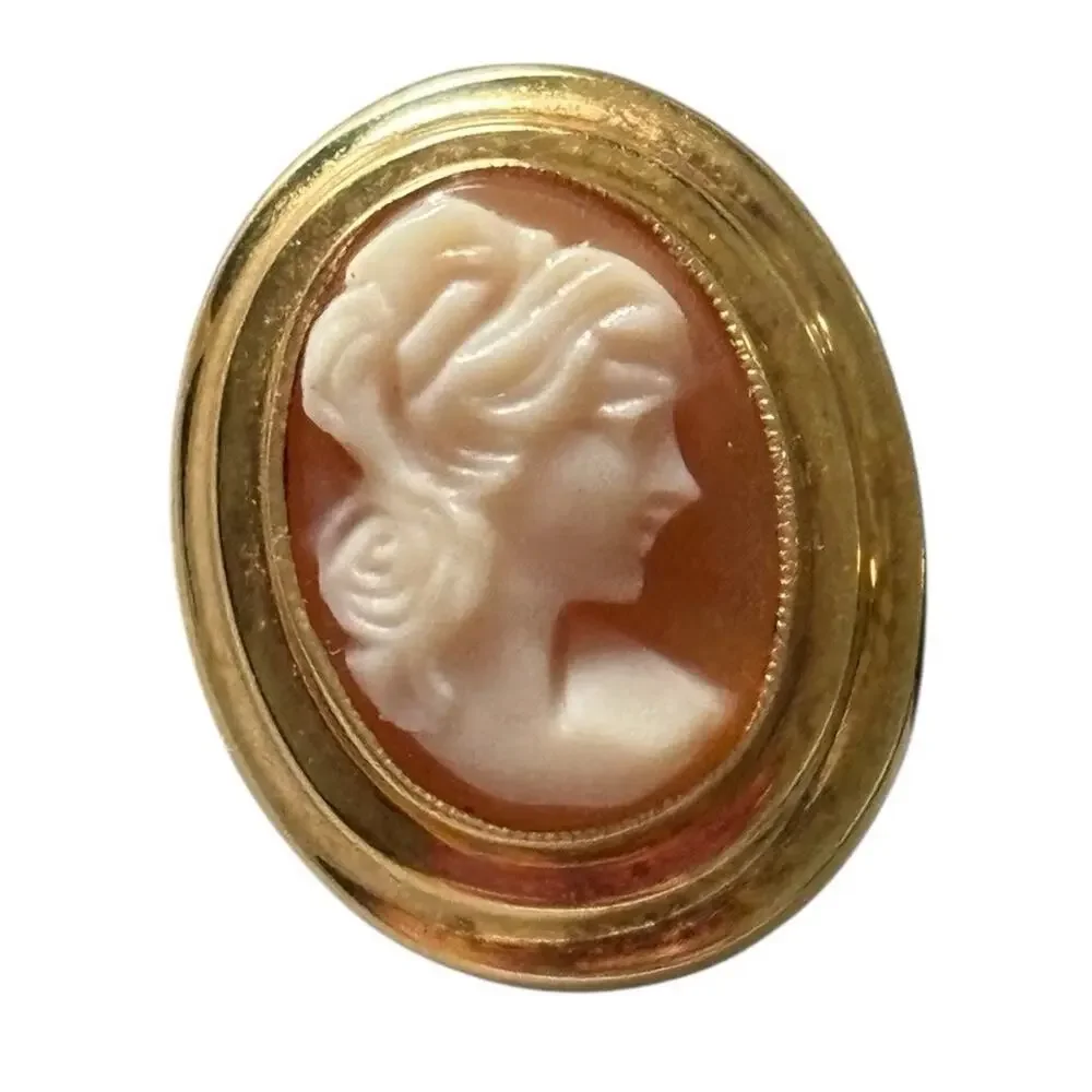 14k Yellow Gold Oval Carved Shell Italian Lady Head Cameo Earrings 4.0 Gram Vtg